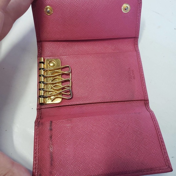 PRADA Leather Logo Wallet Small Pink Saffiano Compact Key Case Hooks Holder Bow - Picture 3 of 12